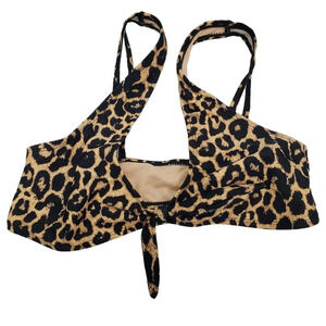 Cabana Del Sol Women's Brown Black Cheetah Print Knot‎ Front Plunge Bikini Top L